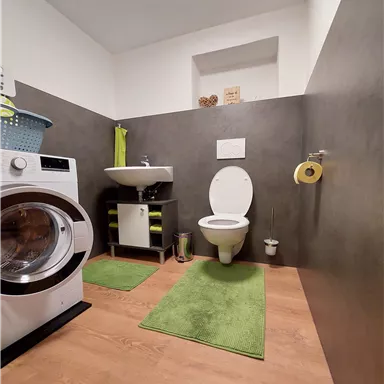 Ein modernes Badezimmer mit einer Waschmaschine, einem weißen WC und einem kleinen Waschbecken. Der Raum ist in neutralen Farben gehalten und mit grünen Teppichen dekoriert.