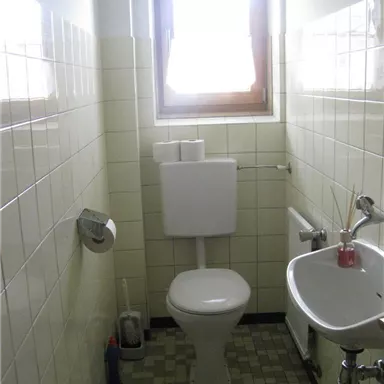 A small bathroom with a toilet and a sink. A window provides daylight.