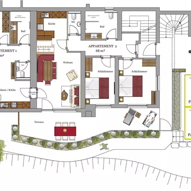 Ein Grundriss eines Wohngebäudes mit drei Apartments. Die Anordnung der Zimmer, Küche und Parkplätze ist klar dargestellt.