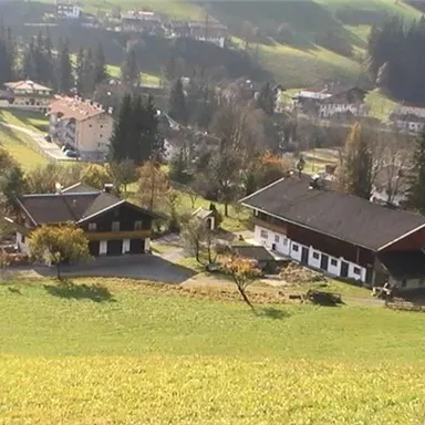 A picturesque valley with two traditional farmhouses.  
Surrounded by meadows and gentle hills, forests stretch out in the background.