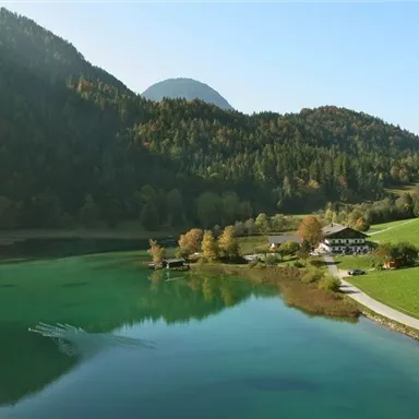 Eine malerische Landschaft mit einem ruhigen See und sanften Hügeln. Bunte Bäume umgeben ein kleines, idyllisches Haus.