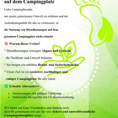 Ein Informationsschild für Camper über das Verbot von Dieselheizungen auf dem Campingplatz. Das Ziel ist, die Umwelt zu schützen und einen sauberen, sicheren Aufenthalt zu gewährleisten.