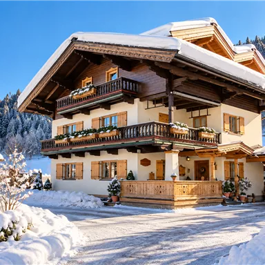 Ein charmantes Chalet im Schnee mit einem großen Balkon und Holzverzierungen. Umgeben von schneebedeckten Bäumen und einem blauen Himmel.