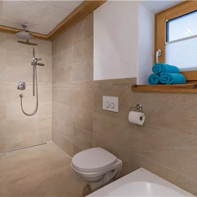 A modern bathroom with a shower and toilet. Fresh towels are on the windowsill.