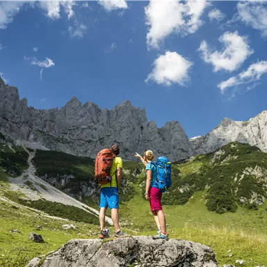 Two hikers are standing on a rock, gazing at majestic mountains. The sky is clear, and the landscape is green and vast.