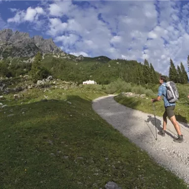 Zwei Wanderer gehen auf einem schmalen Weg durch eine grüne Landschaft. Im Hintergrund sind hohe Berge und ein blauer Himmel zu sehen.
