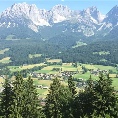 Eine malerische Landschaft mit hohen Bergen im Hintergrund und einem grünen Tal. Im Vordergrund sind Bäume zu sehen, die eine idyllische Dorfsicht umrahmen.