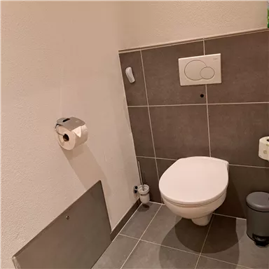 A modern bathroom with a toilet and a paper dispenser. The walls are bright and the tiles are dark gray.