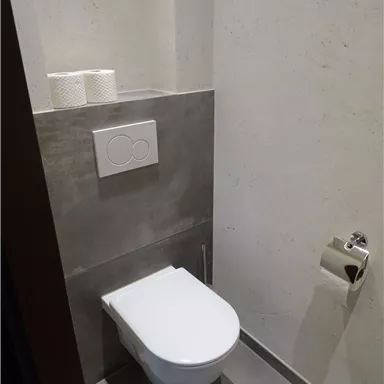 A modern bathroom with a white toilet and a minimally designed wall. On a shelf, there are two rolls of toilet paper.