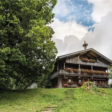 Ein traditionelles Holzhaus auf einer Anhöhe, umgeben von Bäumen und grünem Gras. Der Himmel ist leicht bewölkt, was eine ruhige Atmosphäre schafft.