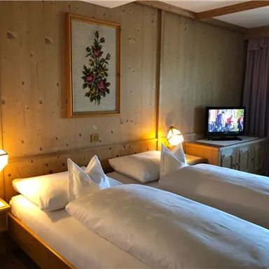 A cozy hotel room with two single beds and rustic wood paneling. The room is brightly lit and features a television and purple curtains.