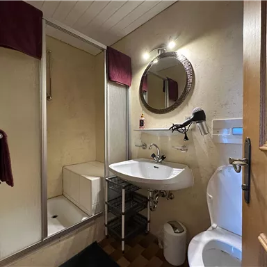 A small bathroom with a shower, sink, and toilet. The walls are light and there is a round mirror.