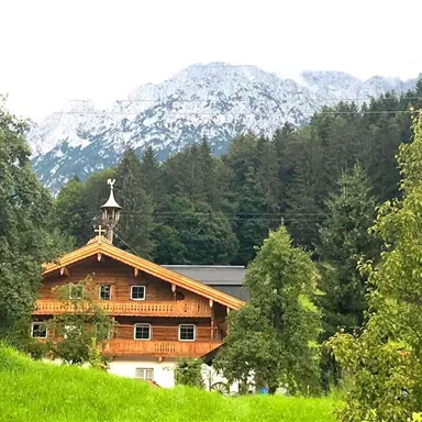 A traditional wooden house surrounded by trees and meadows. In the background, majestic mountains can be seen.