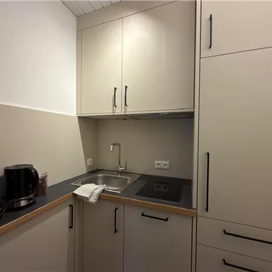 A modern kitchen corner with gray cabinets and a practical sink. A coffee machine and kitchen appliances are also visible.