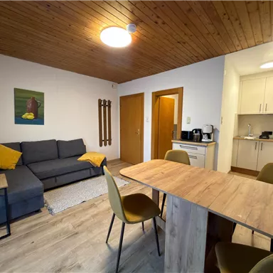A cozy apartment with a gray sofa, a wooden table, and yellow pillows. The kitchen features modern appliances and plenty of storage space.