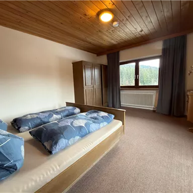 A cozy bedroom with two beds and blue bedspreads. A window offers a view of nature, and the room has wooden ceilings and practical furniture.