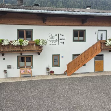 A charming house with a wooden balcony and blooming flower boxes. The facade is bright and inviting, surrounded by a beautiful mountain landscape.