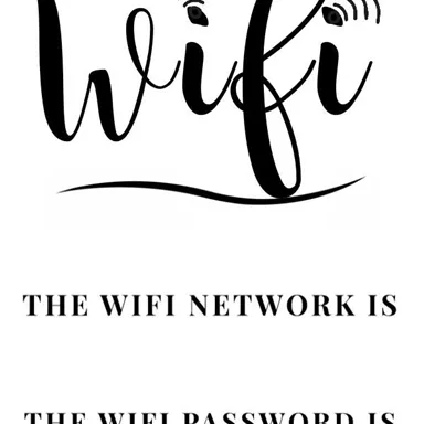 Ein minimalistisches Design mit dem Wort "WiFi" in stilvoller Schrift. Darunter stehen die Informationen zum WLAN-Netzwerk und Passwort.