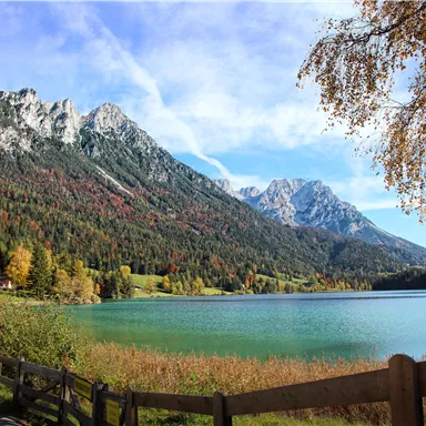 Eine ruhige Landschaft mit einem klaren, blauen See und majestätischen Bergen im Hintergrund. Die Ufervegetation strahlt in leuchtenden Herbstfarben.