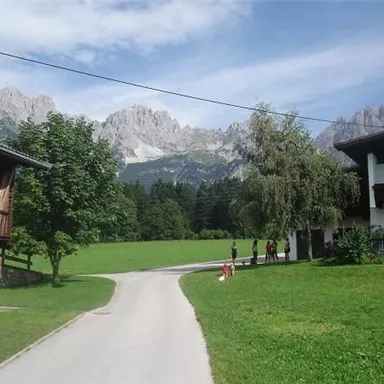 A picturesque landscape with mountains in the background. In the foreground, there is a path, some trees, and people visible.