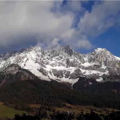 An impressive mountain landscape with snow-covered peaks and deep green forest. The sky is partly cloudy and the light creates a picturesque atmosphere.