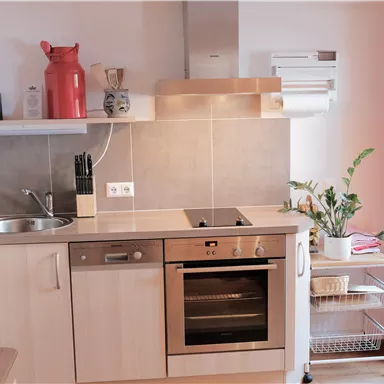 A modern kitchen with wooden cabinets and a smooth countertop. There is a stove, a sink, and some kitchen utensils, as well as a plant in the room.