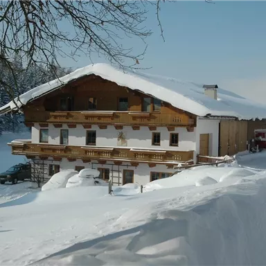 A picturesque house in winter, surrounded by snowy landscape. The sky is clear and the atmosphere is calm and peaceful.