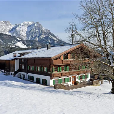 Ein malerisches Holzhaus im Schnee mit grünen Fensterläden. Im Hintergrund sind schneebedeckte Berge und ein klarer Himmel zu sehen.