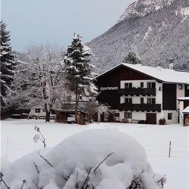 Ein malerisches Winterdorf mit einem verschneiten Gebäude und schneebedeckten Bäumen. Im Hintergrund sind Berge zu sehen.