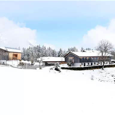 A snowy landscape with several wooden houses. The sky is bright blue and the trees are covered with snow.