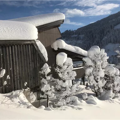 Ein verschneites Haus in den Bergen, umgeben von schneebedeckten Bäumen. Der Himmel ist klar mit wenigen Wolken.