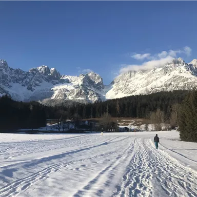 A snowy landscape with impressive mountains in the background. A person is walking on a path through the snow.
