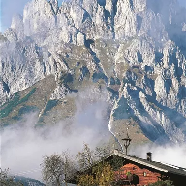 Eine beeindruckende Berglandschaft mit hohen, felsigen Gipfeln und einer malerischen Alm im Vordergrund. Der Himmel ist teilweise bewölkt und die Umgebung wirkt friedlich.