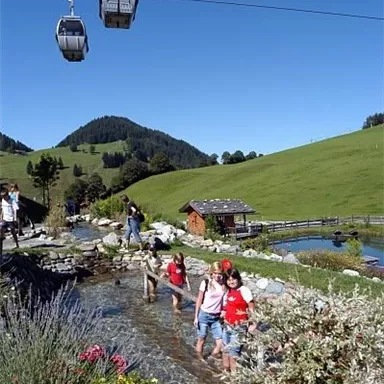 A picturesque landscape with green meadows and mountains in the background. People are walking through a water basin, while cable cars hover above.