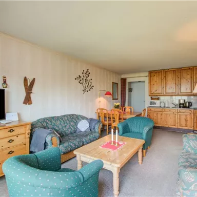 Ein gemütliches Wohnzimmer mit bequemen Sofas und einem Holztisch. Im Hintergrund befindet sich eine Küchenzeile.
