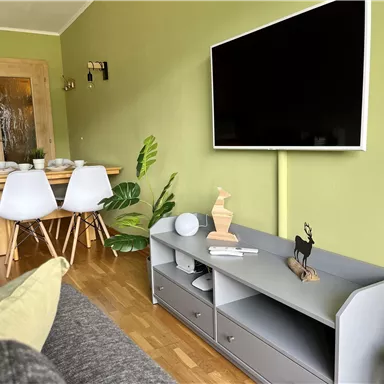 Ein bequemes Wohnzimmer mit einem großen Fernseher an der Wand und einem Esstisch im Hintergrund. Die Wände sind grün gestrichen und es gibt einige Pflanzen im Raum.