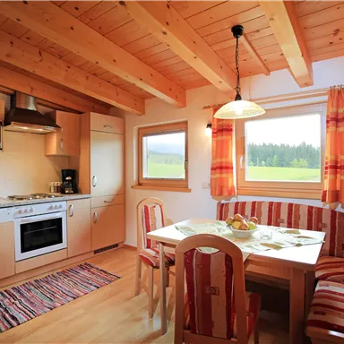A cozy kitchen with wooden ceilings and modern appliances. A dining table with fresh fruit and a view of the green landscape through large windows.