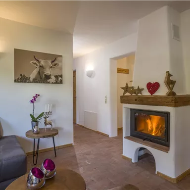 Ein gemütlicher Wohnraum mit einem Kamin und einem modernen Sofa. Die Atmosphäre ist einladend und warm, ideal für entspannte Abende.