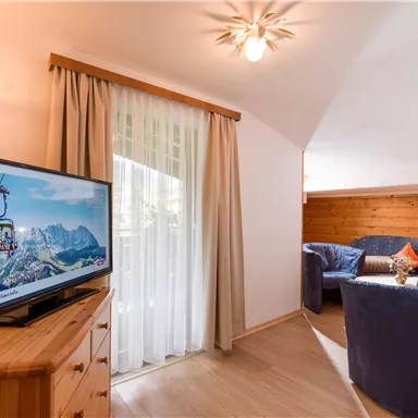 Ein gemütlicher Wohnraum mit einem blauen Sofa und einem Fernseher. Große Fenster lassen viel Tageslicht herein.
