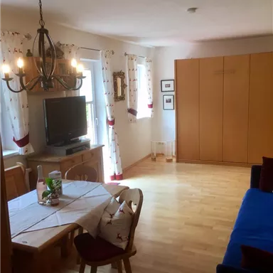 Ein gemütliches Wohnzimmer mit einem Holztisch, Stühlen und einer Couch. An der Wand hängt ein Fernseher und es gibt große Fenster mit Vorhängen.