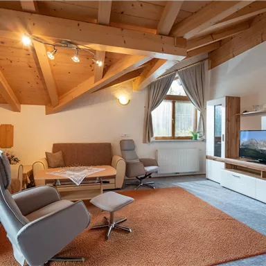 Ein modernes Wohnzimmer mit Holzdecke und gemütlichen Möbeln. Ein Fernseher und große Fenster sorgen für viel Licht und eine einladende Atmosphäre.