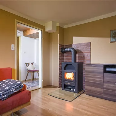 A cozy living space with a red sofa and a modern fireplace. On the wall, there are a few decorations and a bouquet of flowers.