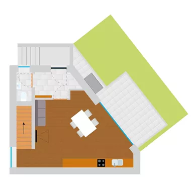 Eine einfache Grundrisszeichnung einer Wohnung. Die Räume umfassen eine Küche, einen Wohnbereich und einen Essplatz.