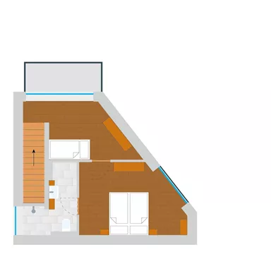 Eine Grundrisszeichnung eines Raumes mit einer Treppe, einem Bad und zwei Fenstertüren. Der Boden ist teilweise mit Holz und Stein gestaltet.