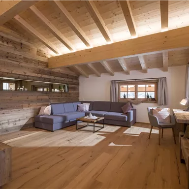 Ein gemütliches Wohnzimmer mit Holzwänden und einem gemütlichen Sofa. Viel Licht strömt durch die Fenster und schafft eine einladende Atmosphäre.