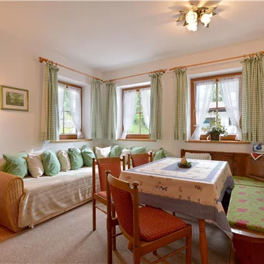 A cozy living room with a sofa and a dining table. Large windows let in plenty of light and green curtains create an inviting atmosphere.