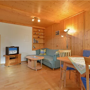 A cozy living space with wooden walls, a sofa, and a table. In the background, there is a television and a dining area with chairs.