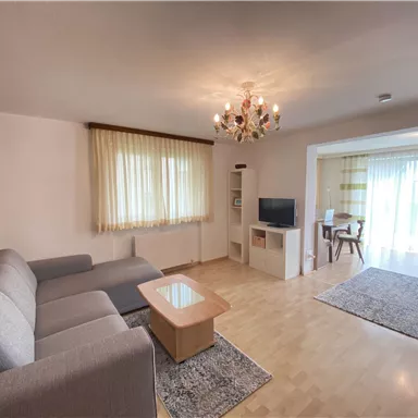 A modern living room with a gray sofa, a coffee table, and a television. Large windows provide plenty of daylight and a bright atmosphere.