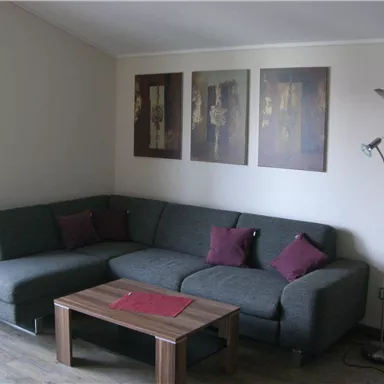 A modern living room with a gray couch and red cushions. Three artworks are hanging on the wall and a floor lamp stands beside the sofa.