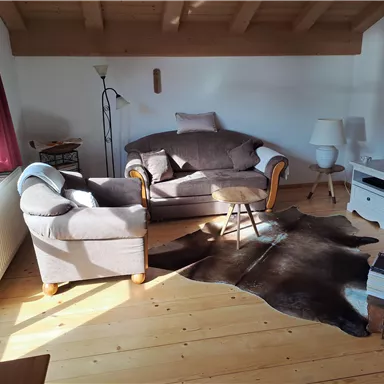 A cozy living room with a sofa and an armchair. The room has wooden floors and is illuminated by natural light.